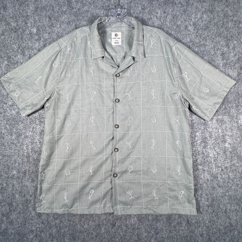 Lark & Owl Camp Shirt Mens XL Green Short Sleeve Drinks Motif Embroidered - Picture 2 of 8